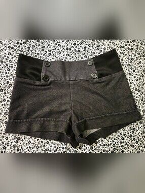 Gray And Black Mini Shorts With Multiple Decorative Buttons And Cuffed Hem